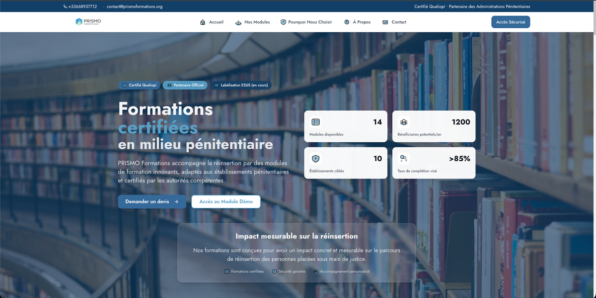 Screenshot of Prismo Formations, Training and formation platform for detainees in France, with structured learning paths.